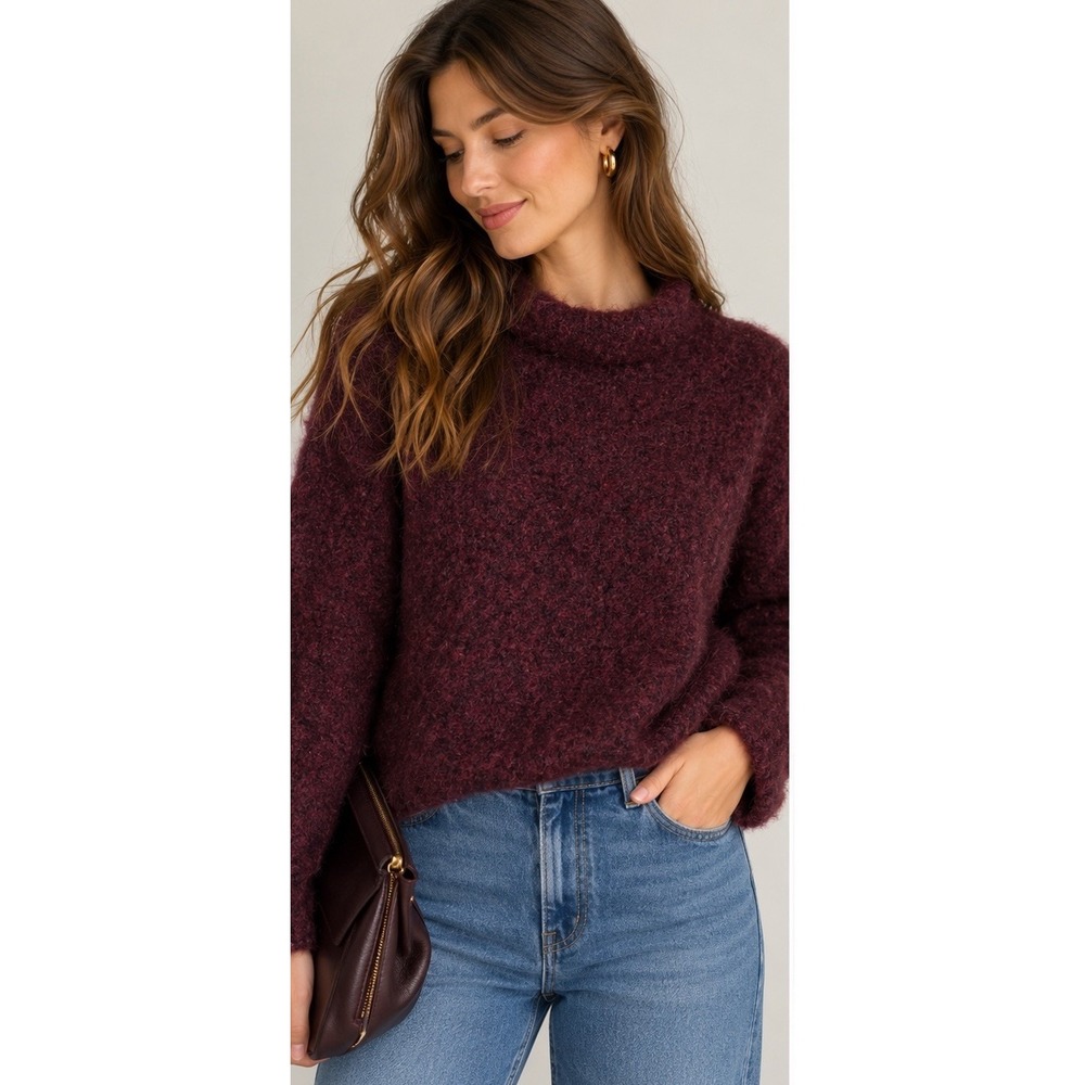Poetry Alpaca Sweater Womens US 14 Burgundy Boucle Turtleneck Wooly Quiet Luxury